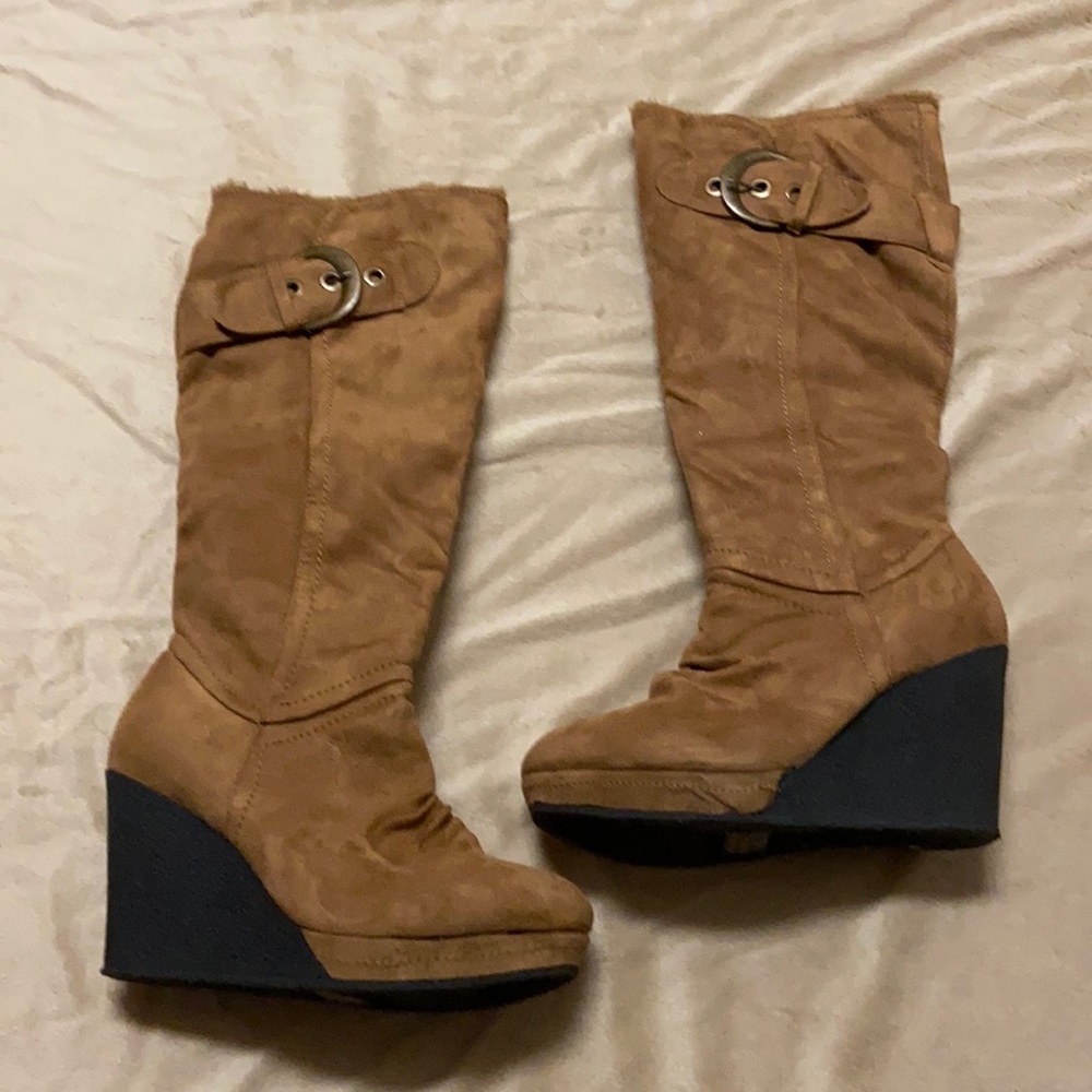 Go Jane Buckled Faux Suede Wedge Boot